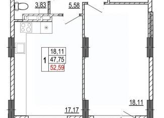 Продажа 1-комнатной квартиры, 52.59 м2, Белгород