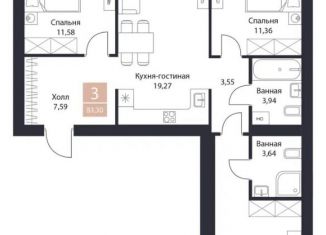 Продается 3-ком. квартира, 83.3 м2, село Поляны