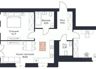 2-ком. квартира на продажу, 74.56 м2, село Поляны