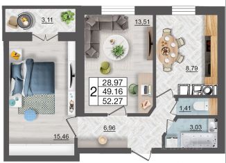 2-ком. квартира на продажу, 52.27 м2, Смоленск
