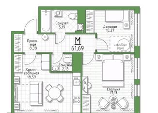 2-ком. квартира на продажу, 61.69 м2, Тульская область