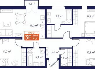 Продаю трехкомнатную квартиру, 90.99 м2, Владимир