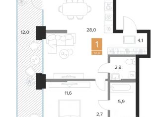 Продаю 1-ком. квартиру, 58.8 м2, Курская область