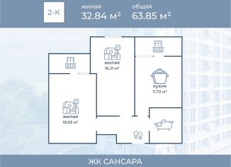 Продается двухкомнатная квартира, 63.85 м2, Волгоград