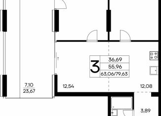 Продажа 3-комнатной квартиры, 79.63 м2, поселок Семидворье
