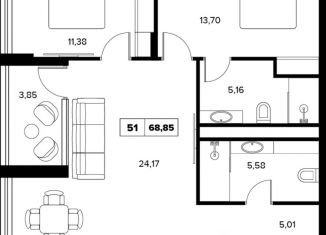 Продается трехкомнатная квартира, 68.85 м2, Сочи, микрорайон Культурное Уч-Дере, улица Семашко, 37Ак2