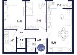 Продам 2-ком. квартиру, 55.72 м2, Тула