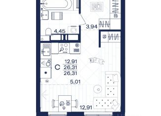 Продается 1-ком. квартира, 26.31 м2, Тула