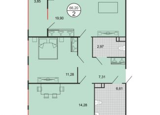 Продаю 2-ком. квартиру, 66.2 м2, Ставрополь